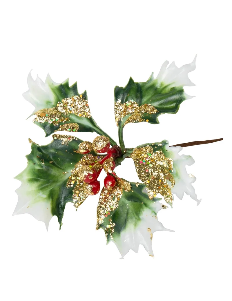 4 Stechpalmenzweige auf Stiel, goldglitzernd, 9 cm, Weihnachten