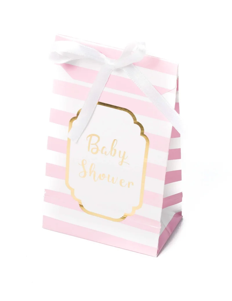 10 rosa und goldene Babyparty-Geschenktüten, 12,5 cm, gestreift