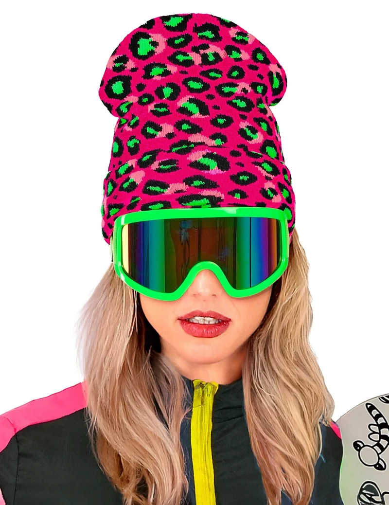 Leopard-Mütze neonpink und neongrün für Erwachsene