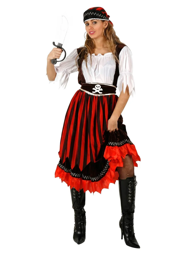 Piratin-Damenkostüm mit Bandana schwarz-weiss-rot