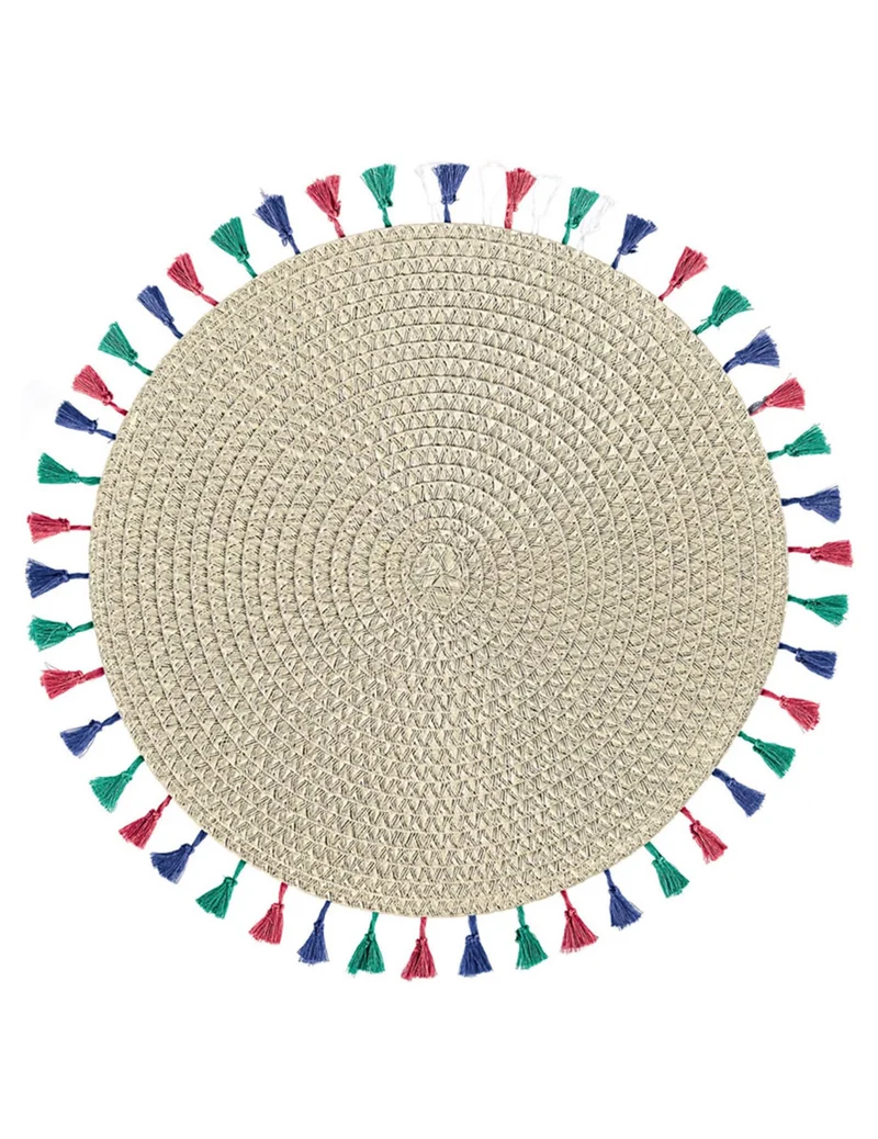 Tischset mit Pompons Boho Vibes 38 cm beige rund