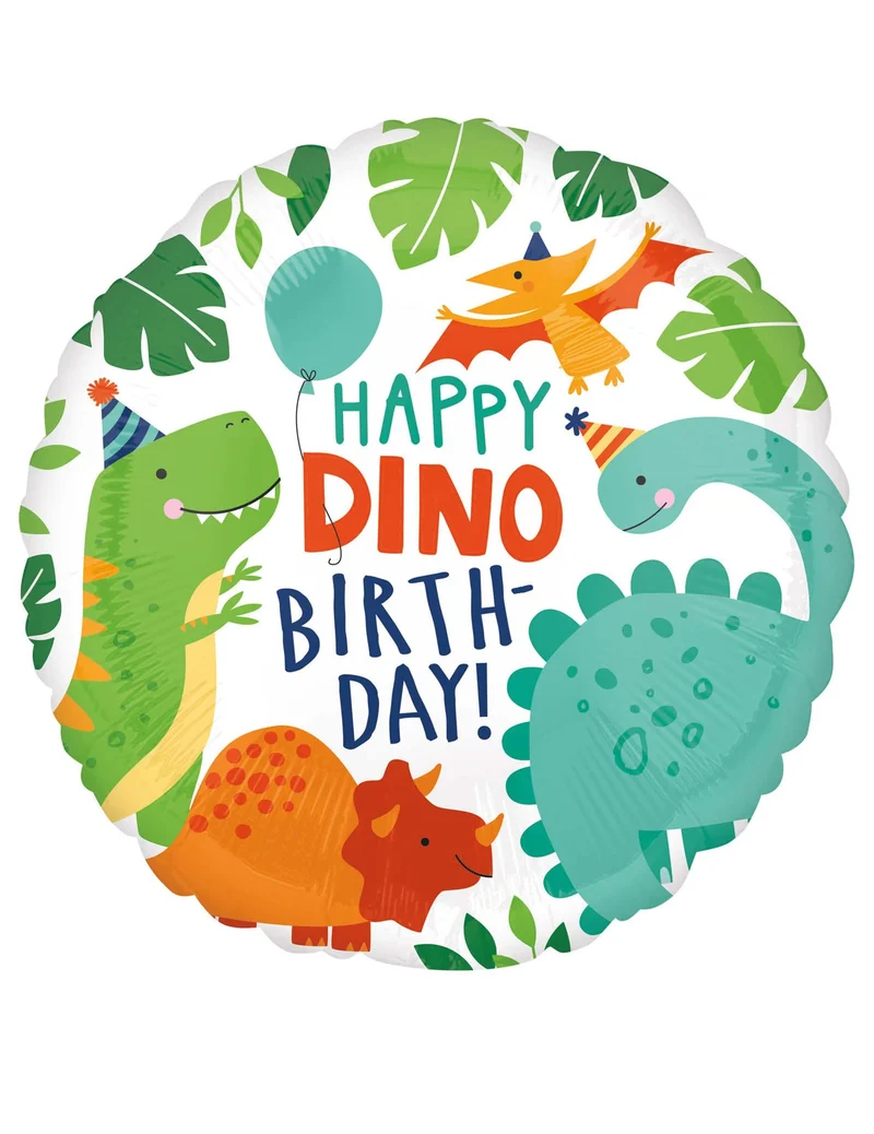 Aluminiumballon Happy Birthday Dinosaurier 43 cm rund