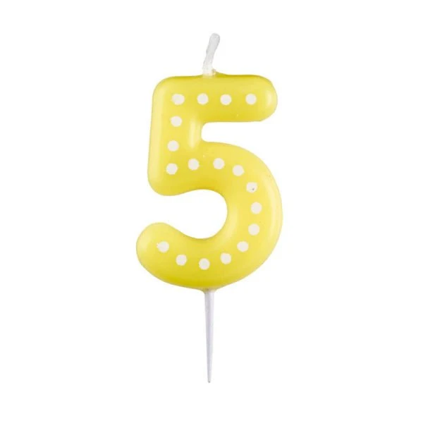 5 Kerze Gelbe Punkte 6,5 cm