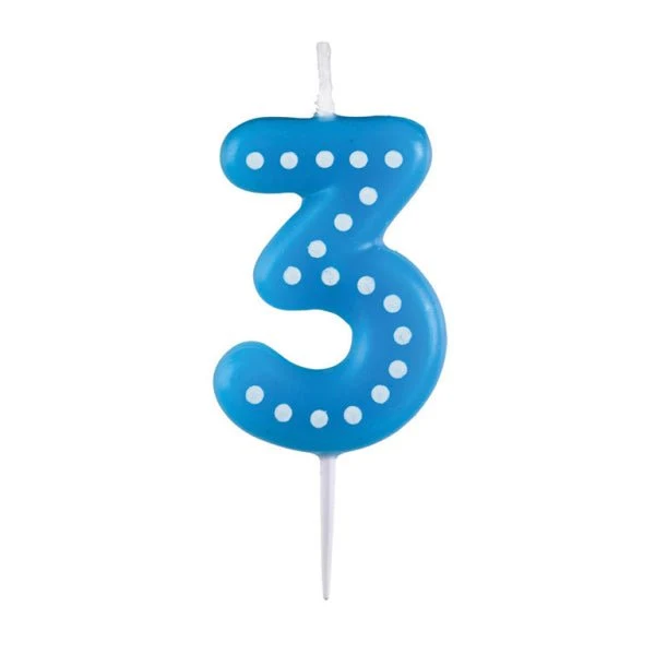 3 Kerze Blaue Punkte 6,5 cm