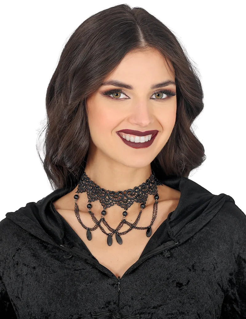 Neckholder mit Spitze und Ketten schwarz