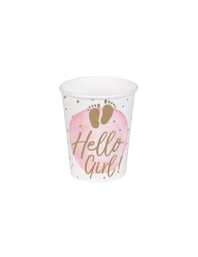 10 Hello Girl Pappbecher, rosa und gold, 21 cl, für Babyparty
