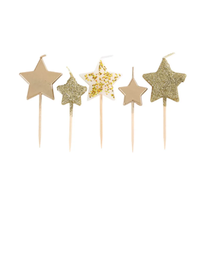 5 Sternkerzen auf Spieß, goldener Farbverlauf, 7 cm, mit Glitzer