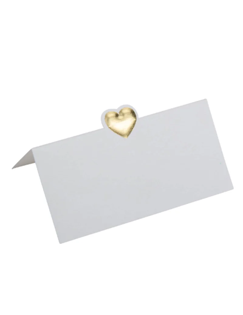 10 weiße Tischkarten mit kleinem goldenen Herz 8 x 4 cm geprägt