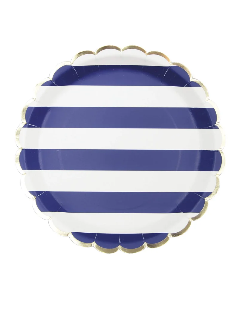 8 Wellenförmige Pappteller Matrosen-Stil 23 cm mit Goldrand