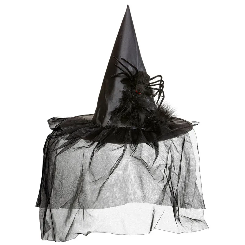 Halloween Hexenhut mit Schleier und Spinne