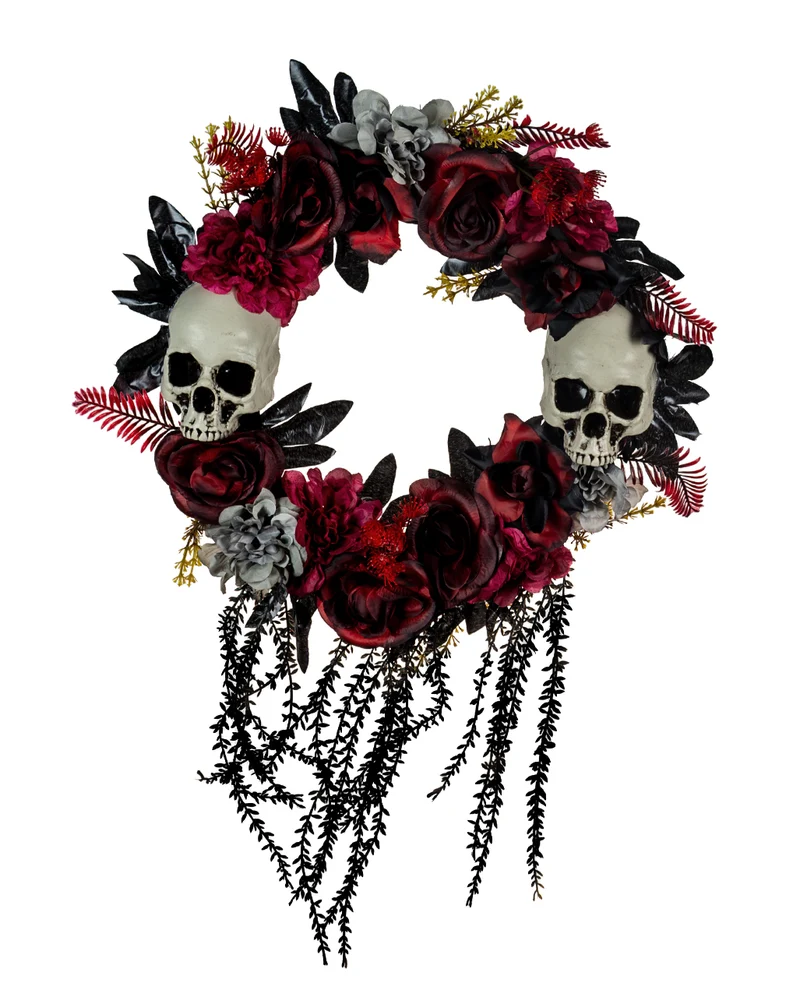 Halloween Türkranz mit vertrockneten Blüten & Totenschädel