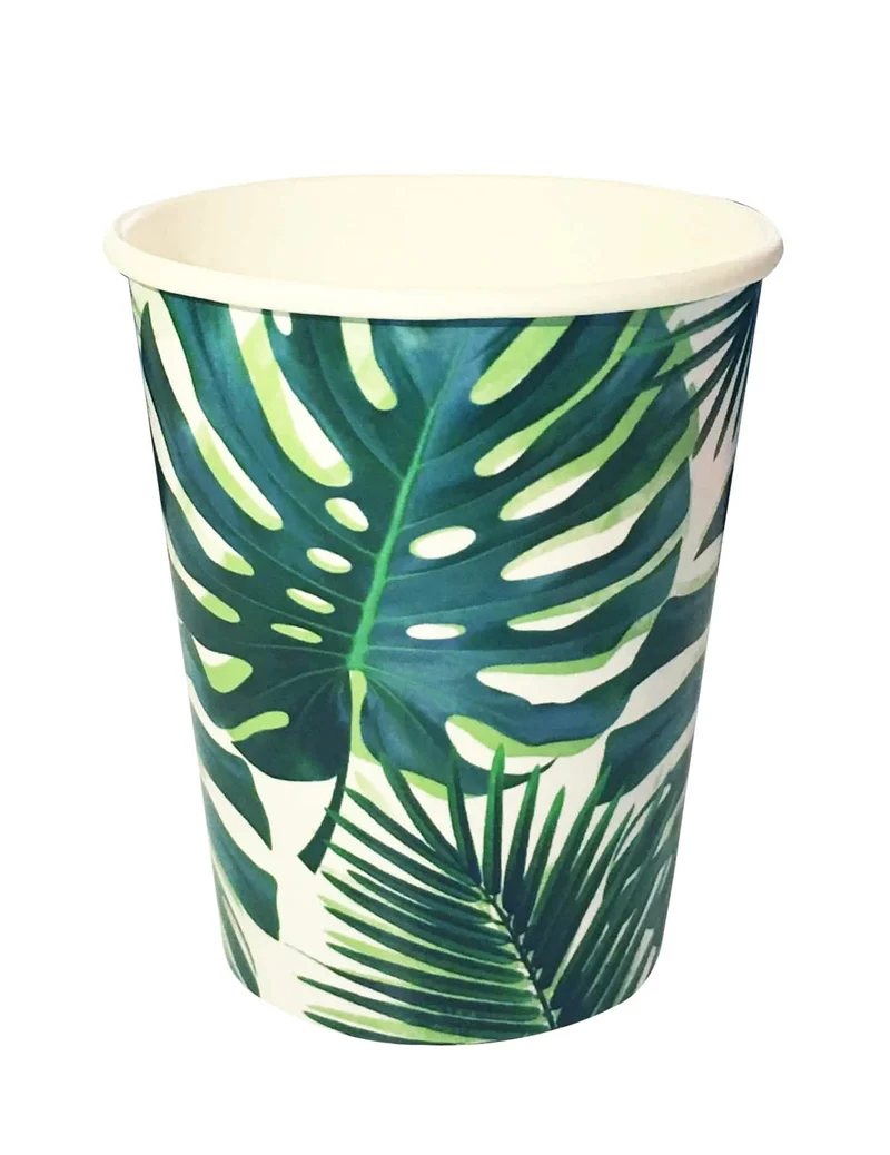 8 grüne tropische Pappbecher 250 ml Palmblätter
