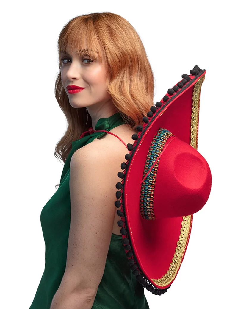 Roter Deluxe Mexiko-Sombrero mit Pompons für Erwachsene