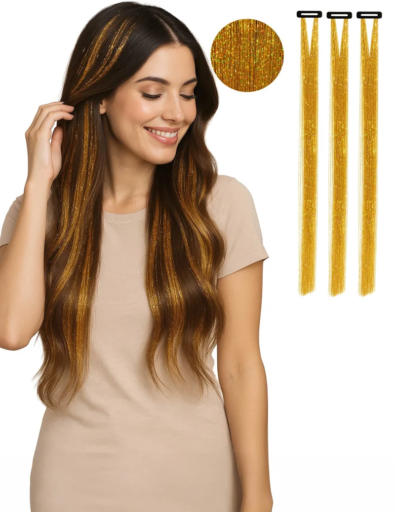3 glänzende goldene Haarsträhnen 50 cm