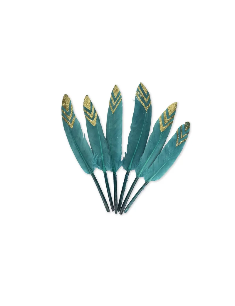 6 Pfauenblau Federn mit Goldglitzer 12-14 cm für ethnische Dekoration