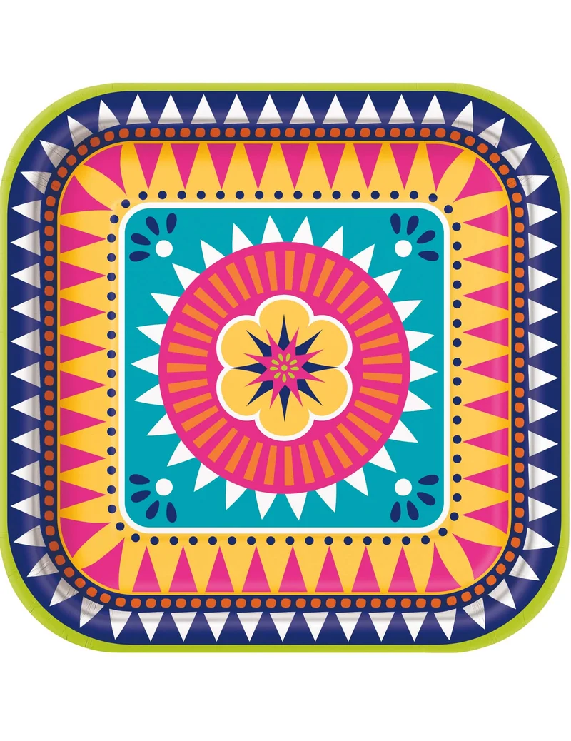 8 quadratische Boho-Fiesta-Pappteller 23 cm mit Blumenmotiv