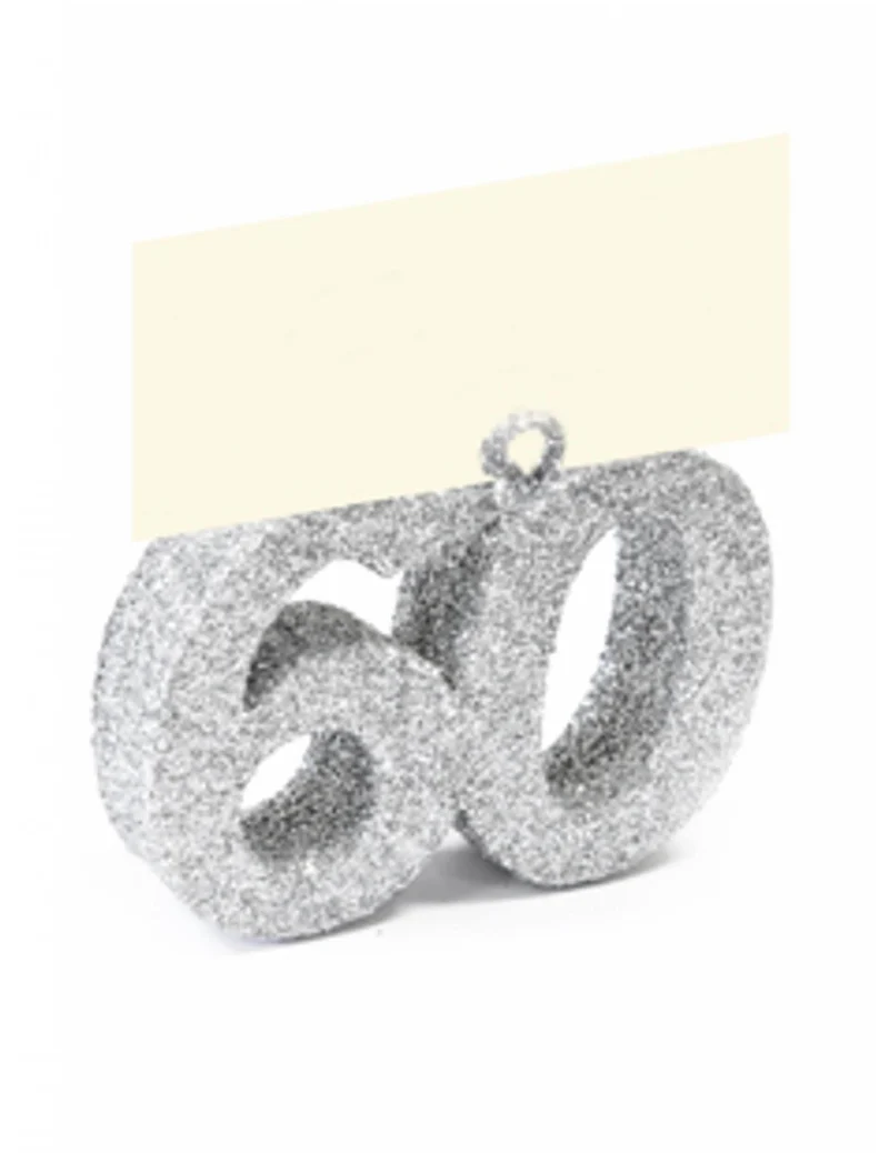 Glitzernder Platzkartenhalter Zahl 60 Silber mit Namensschild