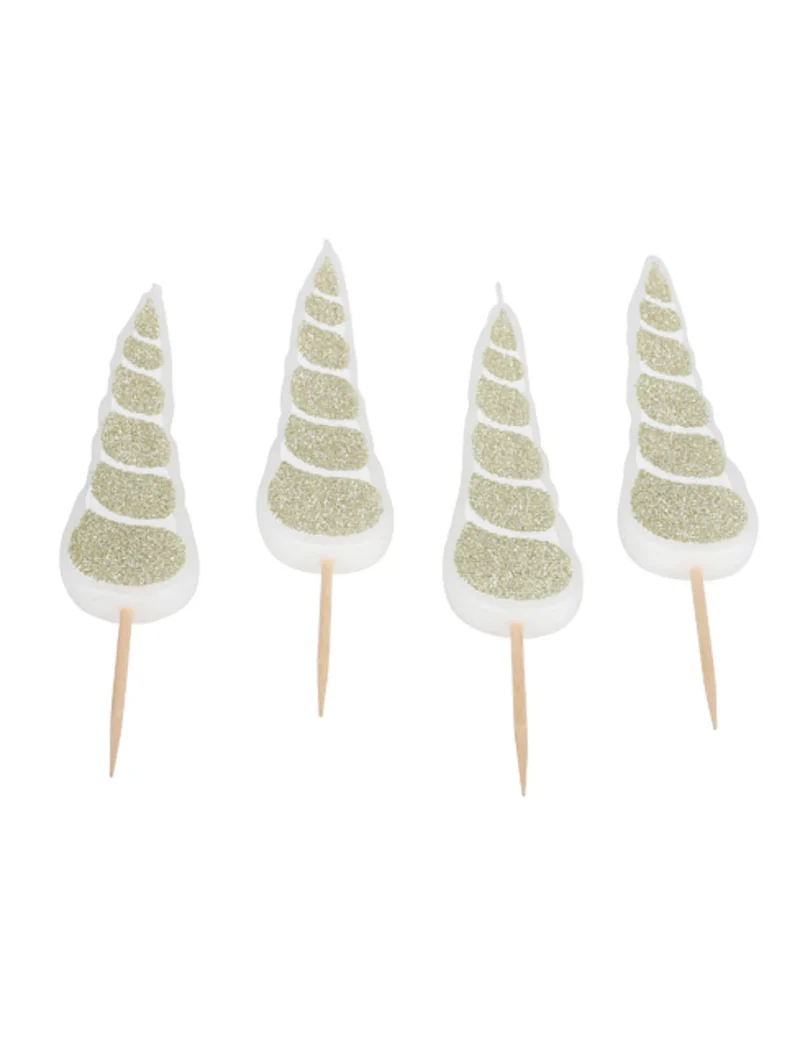 4 Einhornhorn-Kerzen 10 cm Champagner-Glitzer