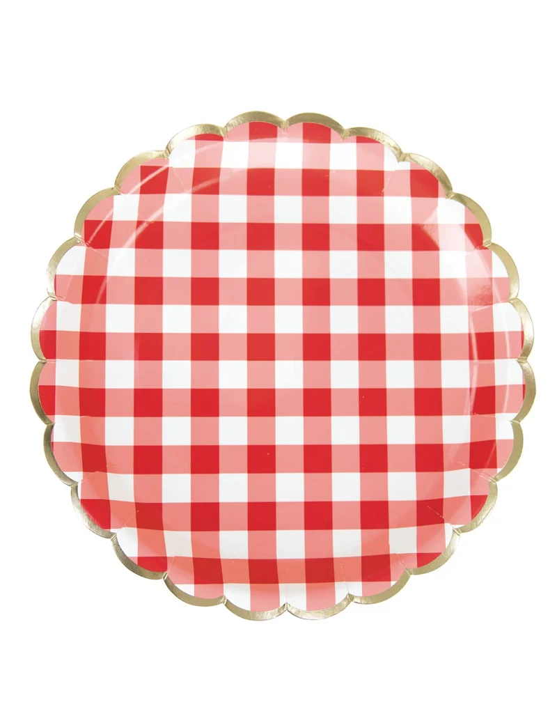 8 gewellte Teller aus rot-weiß kariertem Karton 23 cm