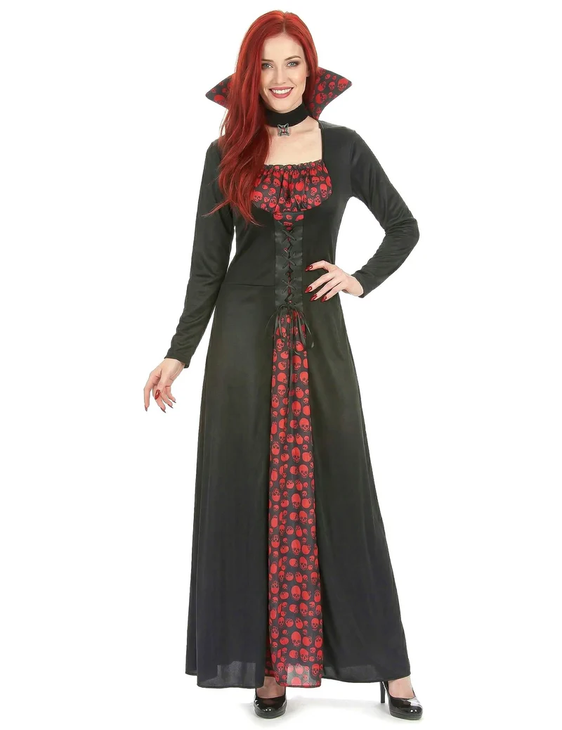Langes Vampirkleid mit Totenkopfmuster für Damen schwarz-rot