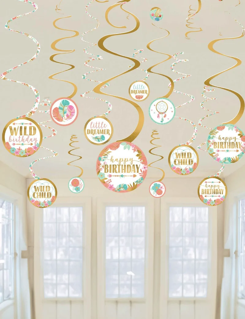 12 Goldene und Weiße Boho-Spiral-Geburtstagsdekorationen