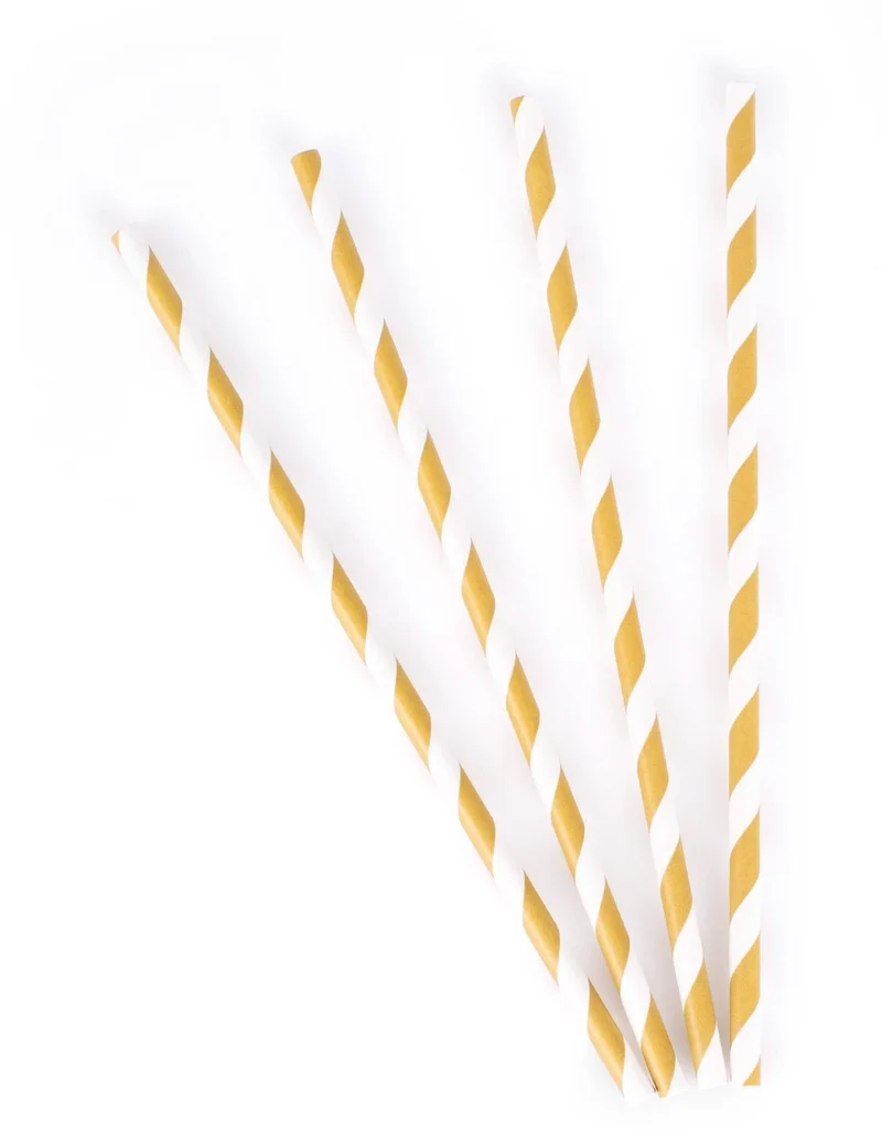 10 gestreifte Trinkhalme aus Pappe, weiß und mattgold, 19,5 cm
