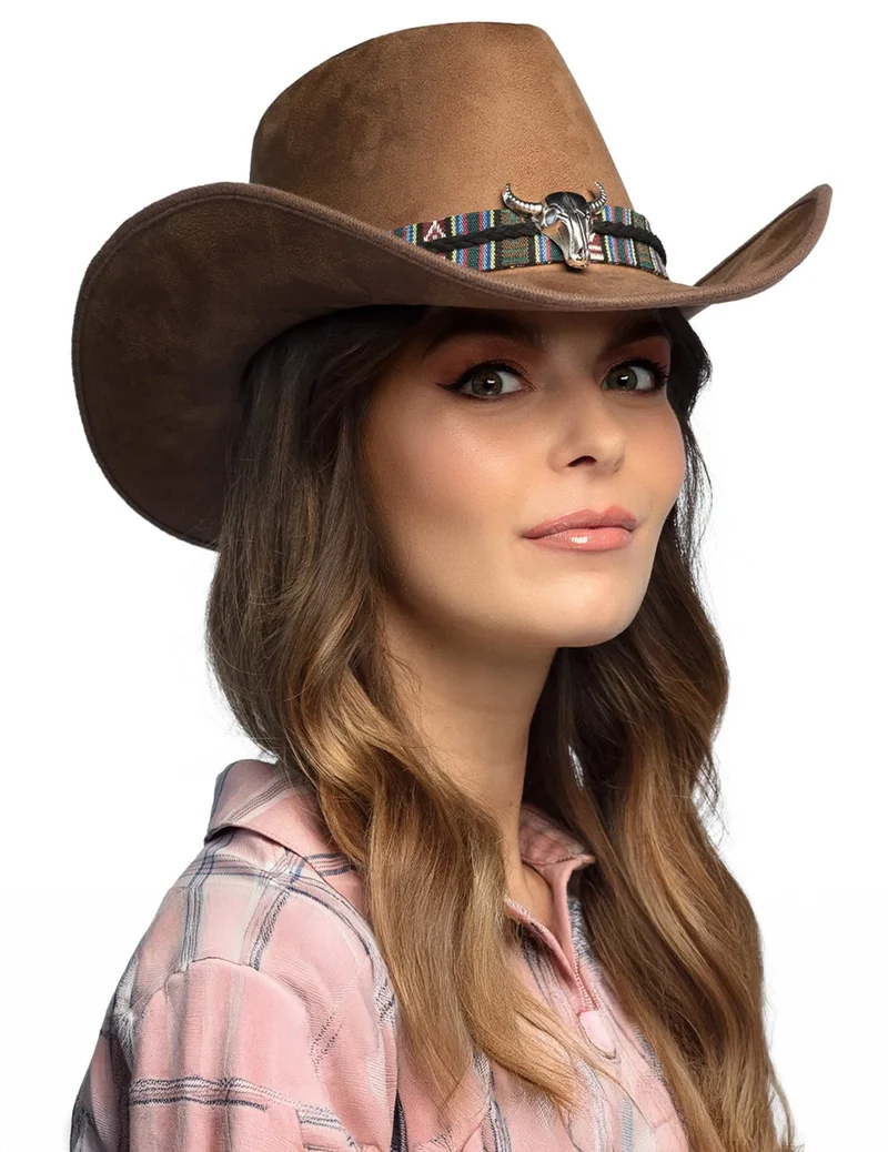 Brauner Cowboyhut mit Büffelkopf für Erwachsene
