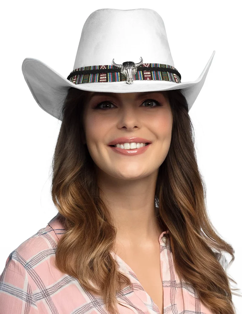 Weißer Cowboyhut mit Büffelkopf für Erwachsene