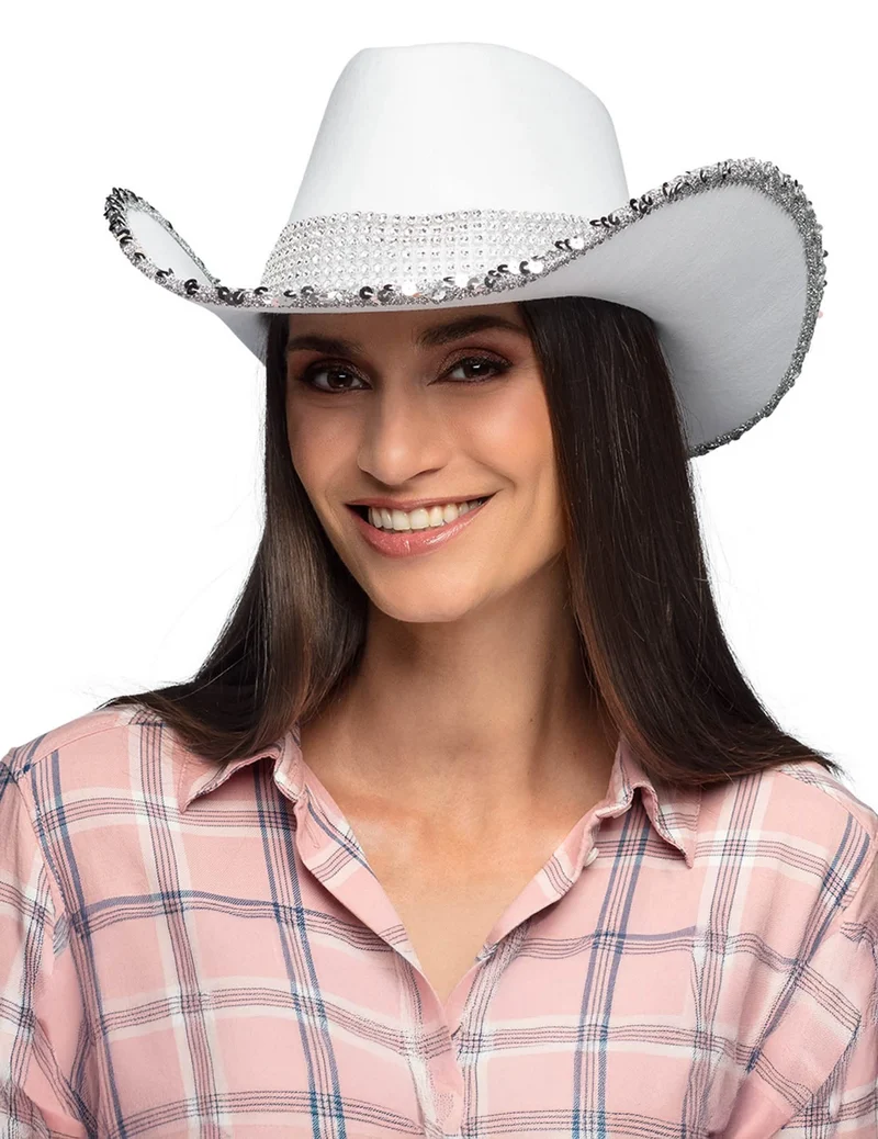 Weißer Cowboyhut mit Strass für Erwachsene