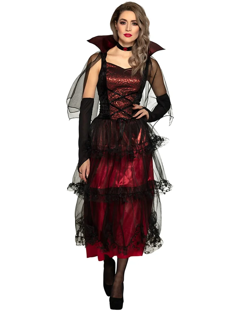 Charmantes Vampir-Kostüm für Damen Halloween-Verkleidung rot-schwarz