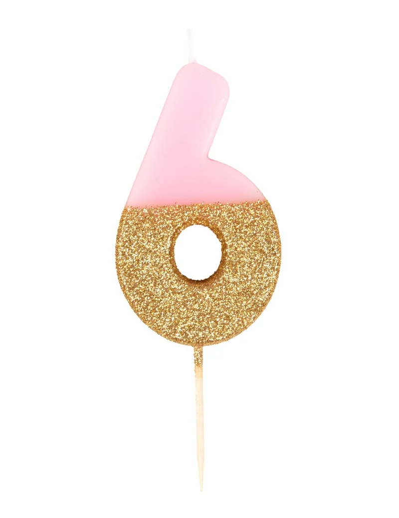 Glitzernde Zahl 6 Kerze auf Holzspieß, Roségold, 13,8 cm, für Geburtstagstorten