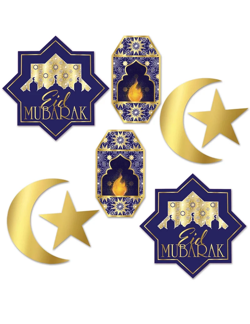 8 blaue und goldene Eid Mubarak Kartondekorationen, Monde und Laternen