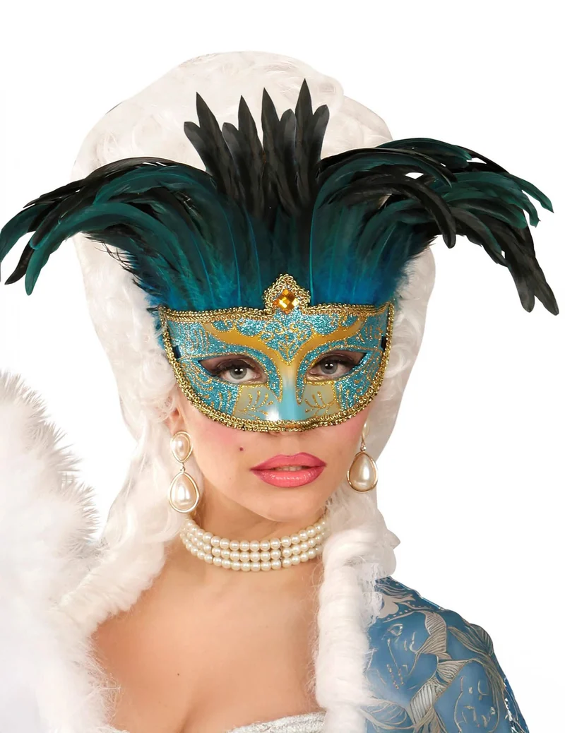 Venezianische Augenmaske in Blau und Gold mit Federn für Erwachsene