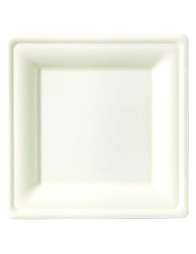 10 quadratische Teller aus Zuckerrohrfaser 26 x 26 cm weiß kompostierbar