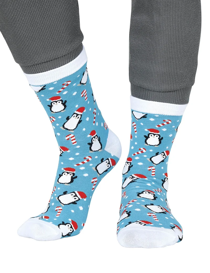 Blaue Weihnachts-Socken mit Pinguin-Motiv für Erwachsene
