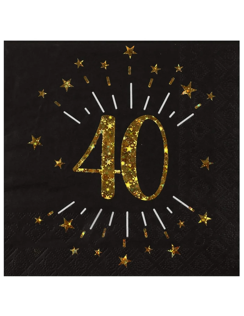 10 Happy Birthday Servietten 40 schwarz-gold mit goldenen Sternen