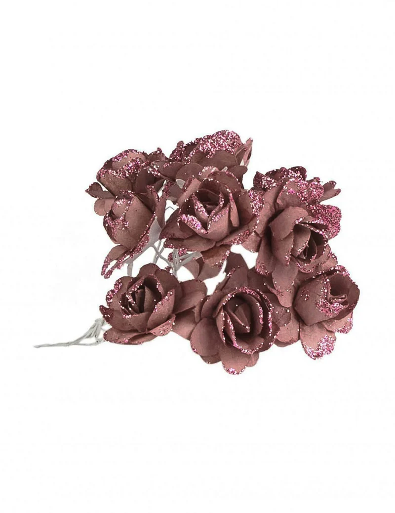 12 rosegoldene Glitzerpapierblumen 9 cm mit flexiblem Stiel