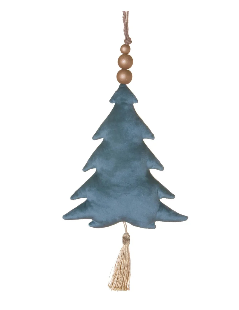 Blaue Samt-Tannenbaum-Anhänger 22 cm, Elfenbein-Quaste und Perlen