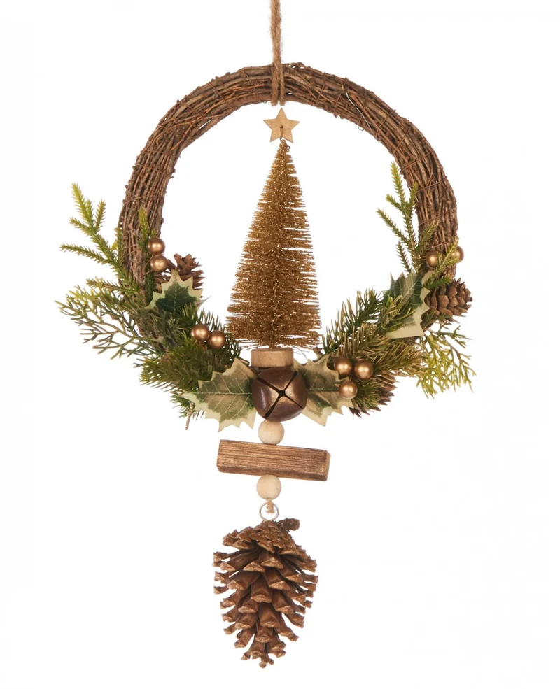 Goldener Tannenbaum-Hängekranz 39 cm mit Kiefernzapfen