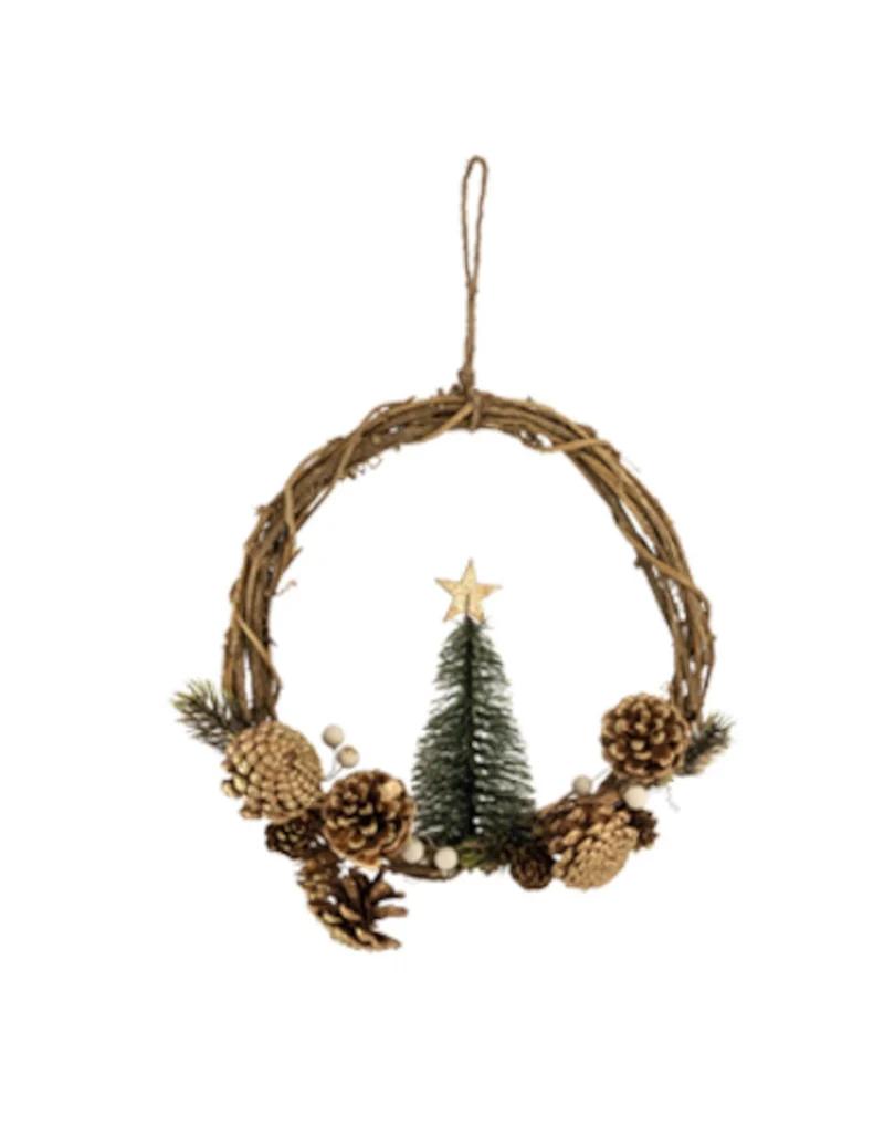 Weihnachts-Hängekranz Tannenbaum und goldene Tannenzapfen 28 cm