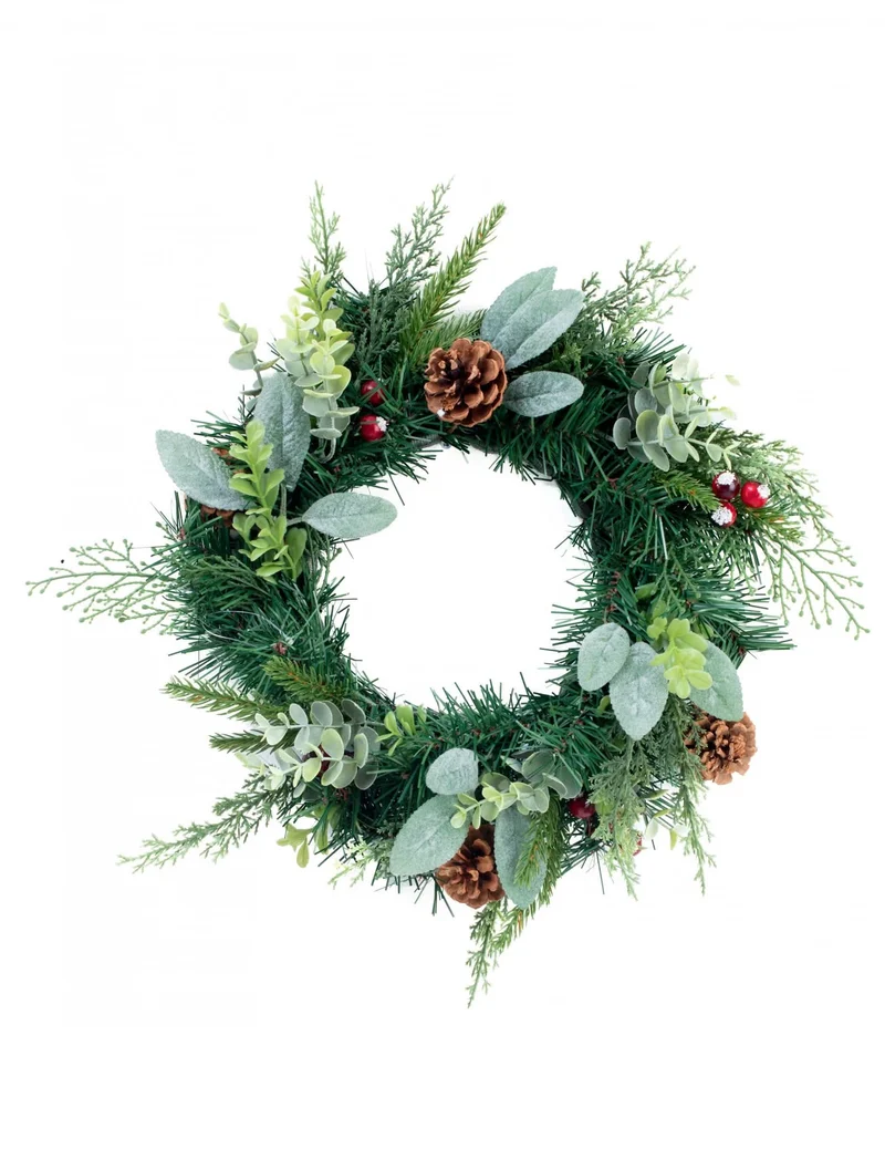 Weihnachtsbaum- und Eukalyptuskranz 40 cm mit roten Beeren
