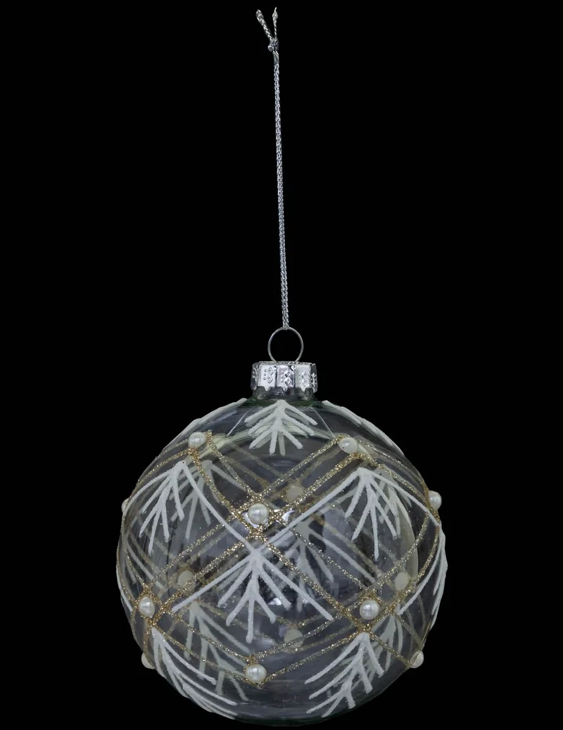 Boule de noël en verre géométrique blanc et or 8 cm
