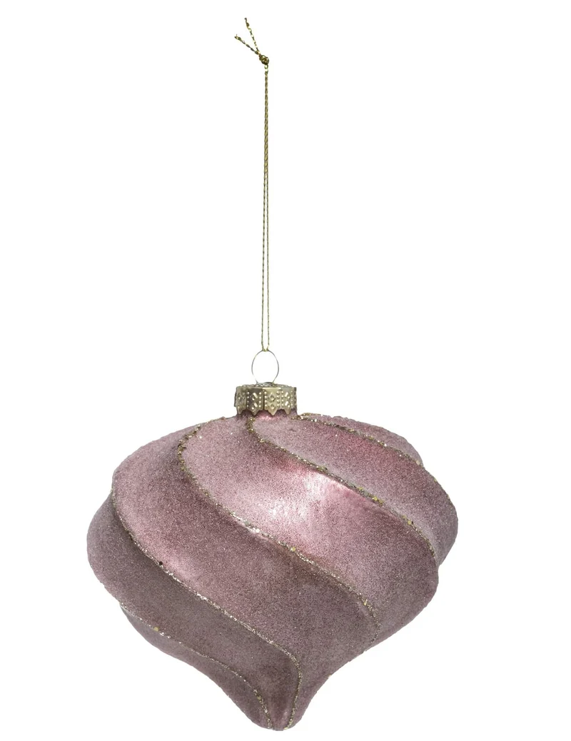 Glitzernde Weihnachtskugel in Tropfenform mit rosa und goldenen Spiralen, 10 cm