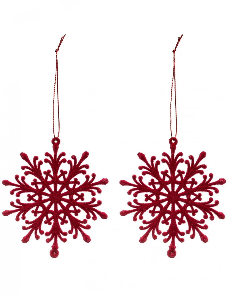 2 rote Samt-Schneeflockenanhänger 9,5 cm für den Weihnachtsbaum