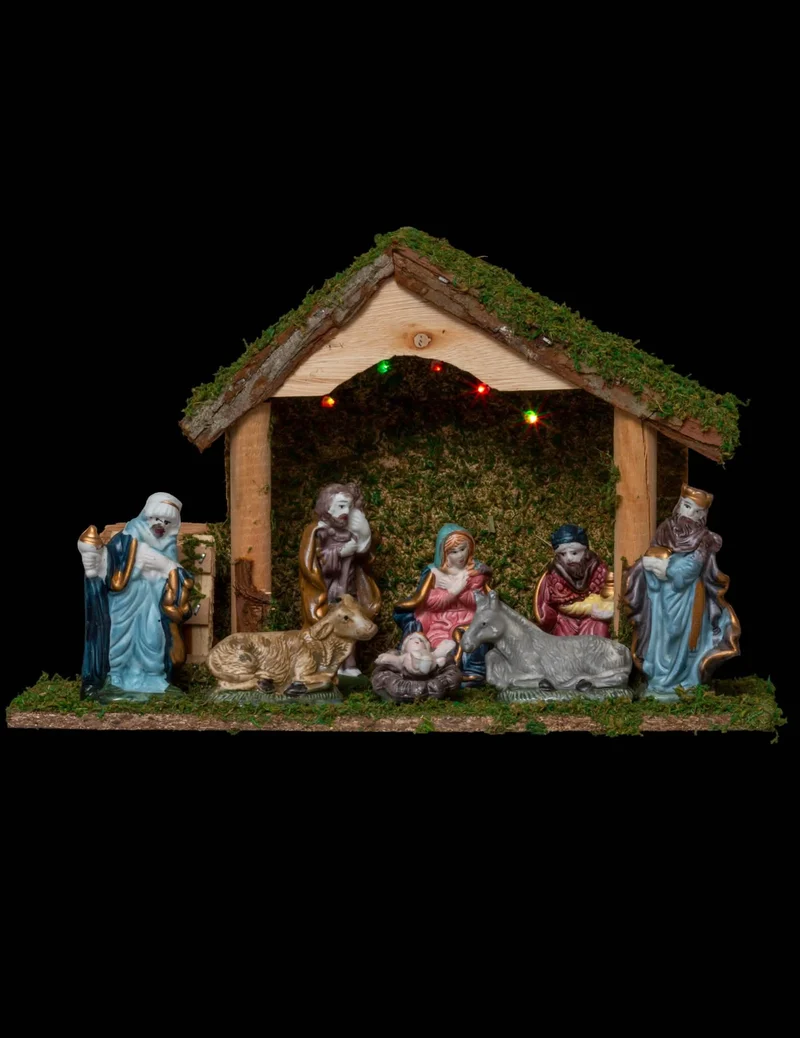 Beleuchtete Weihnachtskrippe mit 8 Krippenfiguren 32 cm