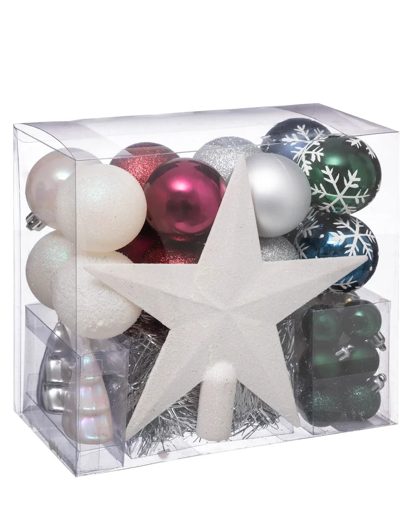 Kit Weihnachtsbaumschmuck weiß rot blau grün 44-teilig mit Kugeln und Baumspitze