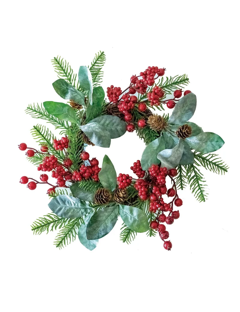 Weihnachts-Pflanzenkranz 40 cm mit roten Beeren, Tanne und Kiefernzapfen