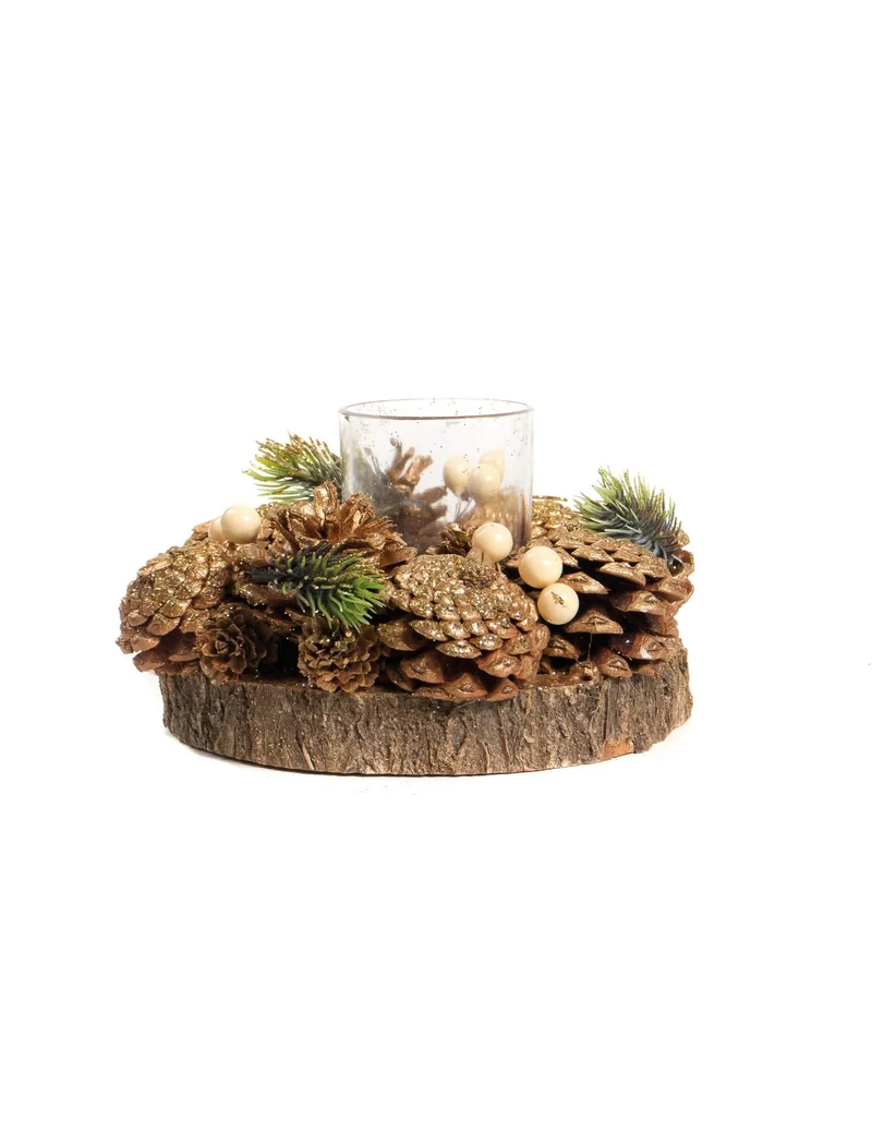 Teelichthalter goldene Kiefernzapfen 15 cm auf Holzscheibe