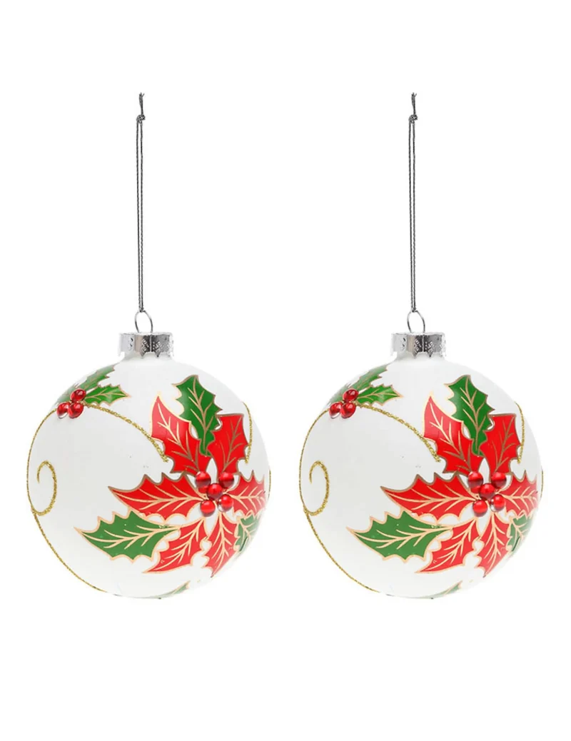 2 weiße Glas-Weihnachtskugeln mit Stechpalme 8 cm für Weihnachtsbaum