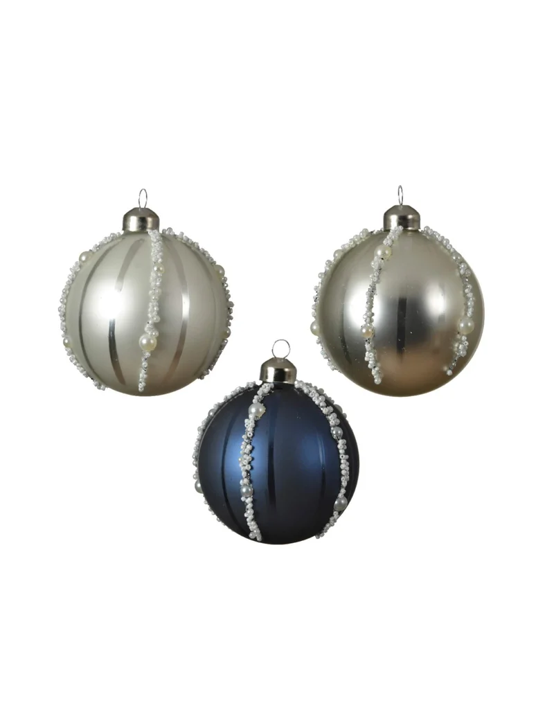 3 marineblaue und silberne Glas-Weihnachtskugeln mit Perlen, 8 cm, Perlglanzeffekt